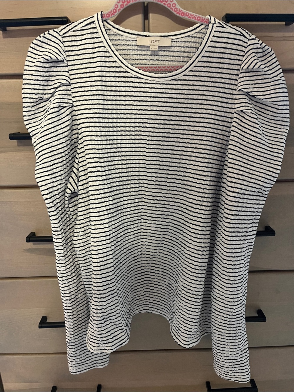 LOFT Black and White Striped Puff-Sleeve Long Sleeve Shirt